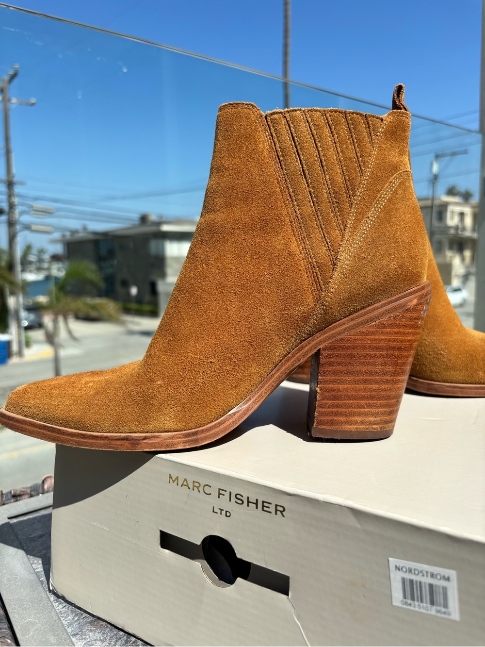 Marc Fisher Suede Ankle Booties in Caramel Tan